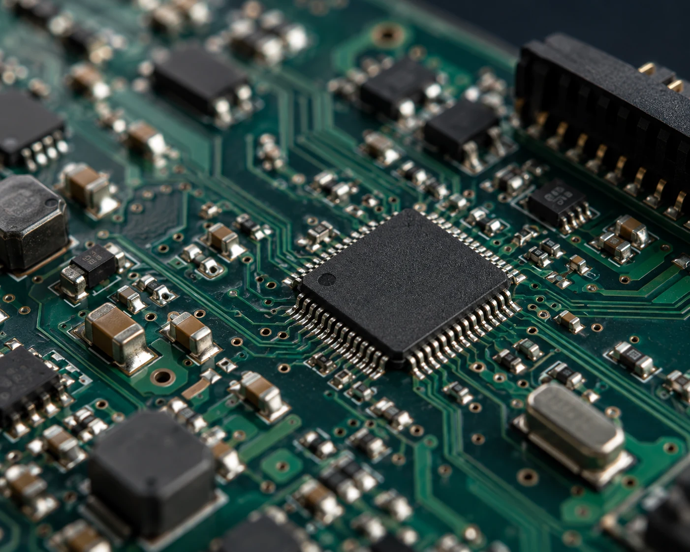 Electronic circuit board and microcontroller detail illustrating embedded systems